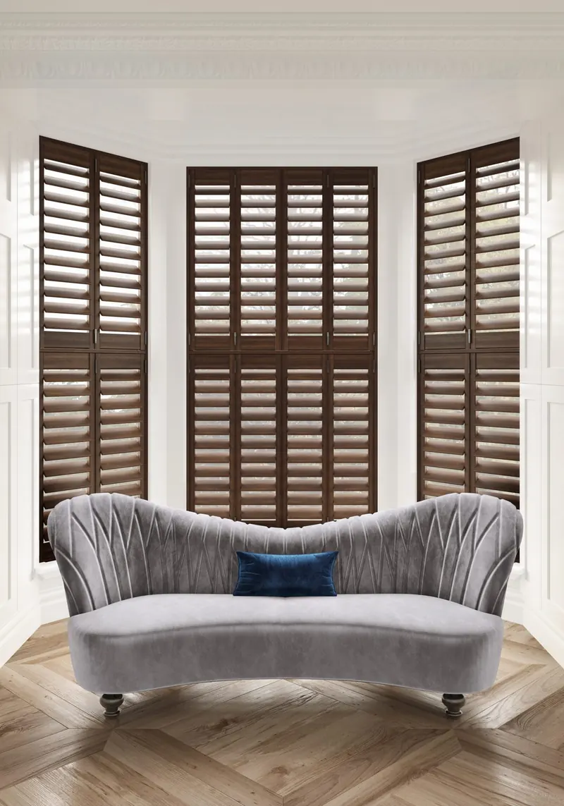 Hardwood plantation shutters in a bay window